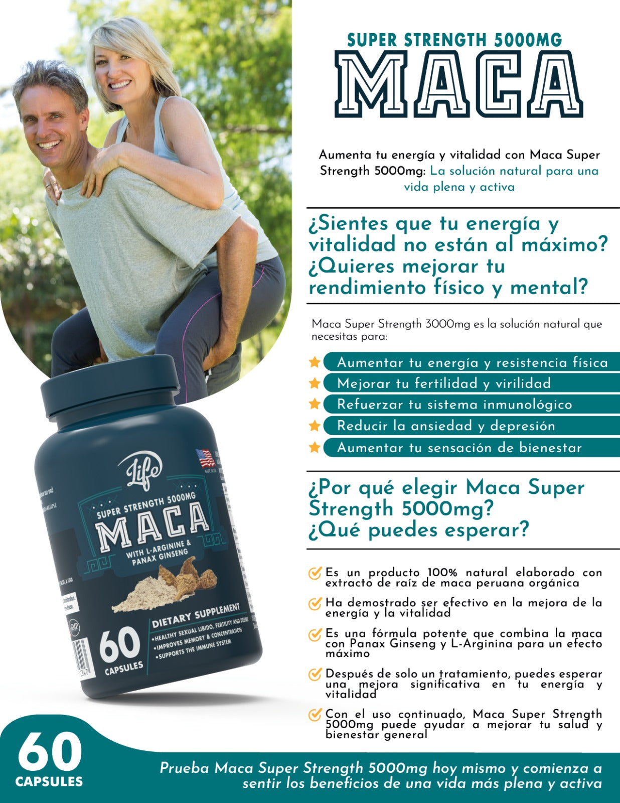 MACA SUPER STRENGTH 500MG LIFE – POTENCIADOR DE ENERGIA, LIBIDO Y ENFOQUE